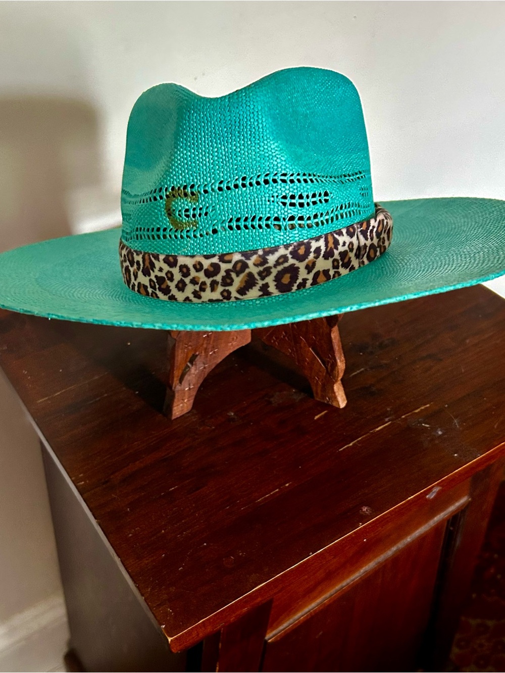 Charlie 1 Horse Turquoise Wide-Brim Straw Fedora with Leopard Band